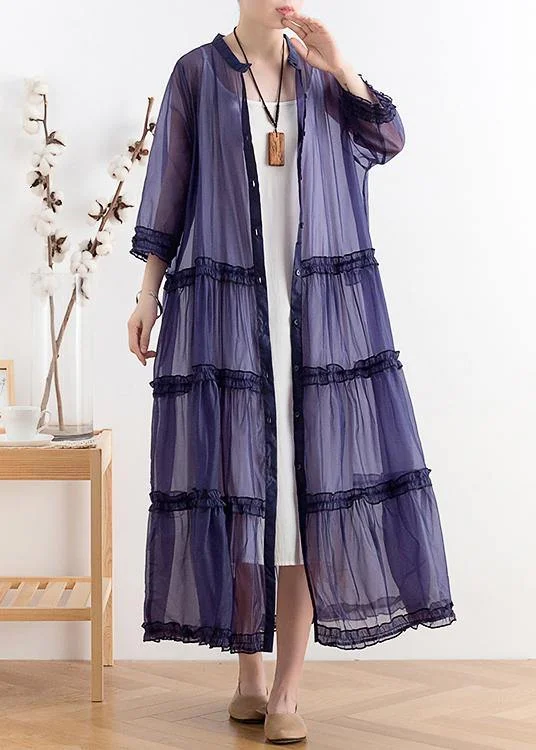 Mid-length sunscreen 2024 new thin Korean blue and purple fairy coat Luxe Satin Long Coat