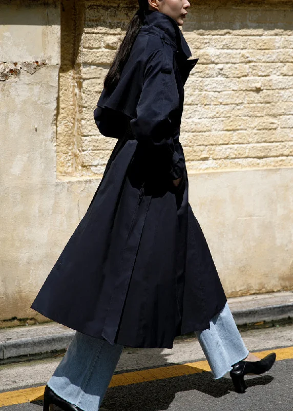 Navy Peter Pan Collar Tie Waist Cotton Trench Coats Long Sleeve Classic Trench Coat