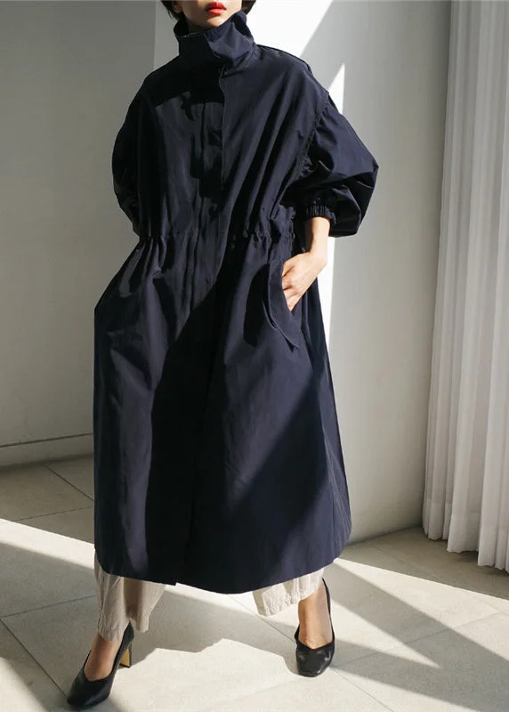 Navy Stand Collar Zippered Trench Coats Long Sleeve Collared Pea Coat