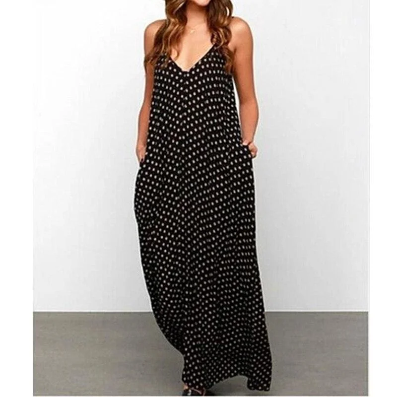 FashionSierra - New Women Summer Boho Long Maxi Dress Holiday Party Dress Ladies Sleeveless Loose Dress Casual V-Neck Beach Sundress Tunics Solid Classic