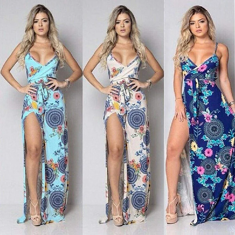 FashionSierra - New Women Summer Vintage Boho Sleeveless Long Maxi Dress Ladies V-Neck Fashion Beach Party Dress Sundress Tunics Floral girly