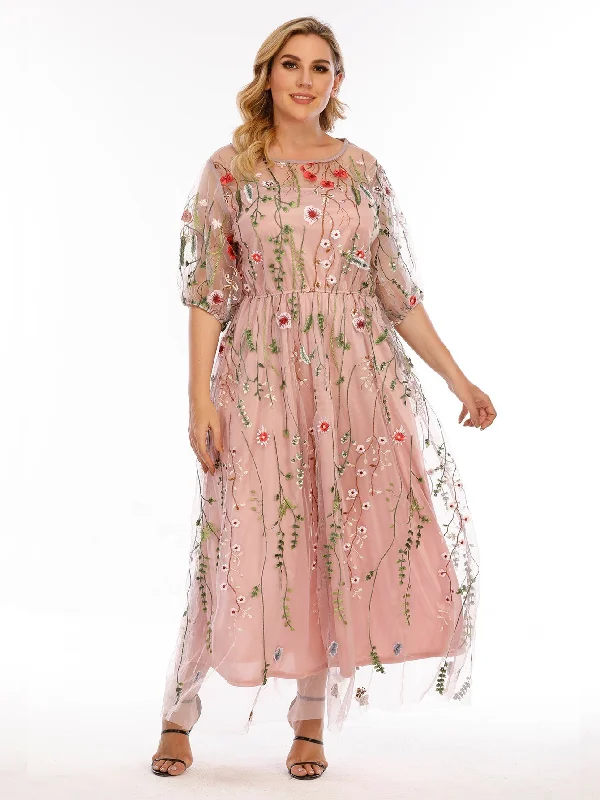 KittenAlarm - Plus Size Mesh Embroidery Party Dress Tunics Versatile stylish