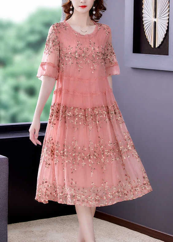 Plus Size Pink O-Neck Patchwork Print Tulle Party Dress Summer Tunics Sale discount