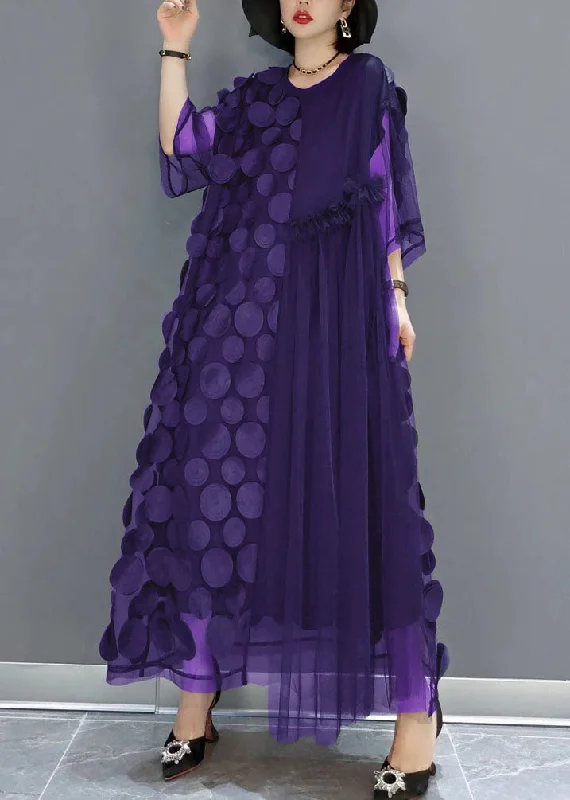 Purple Tulle Party Dresses O-Neck Asymmetrical Half Sleeve Tunics Polka dots