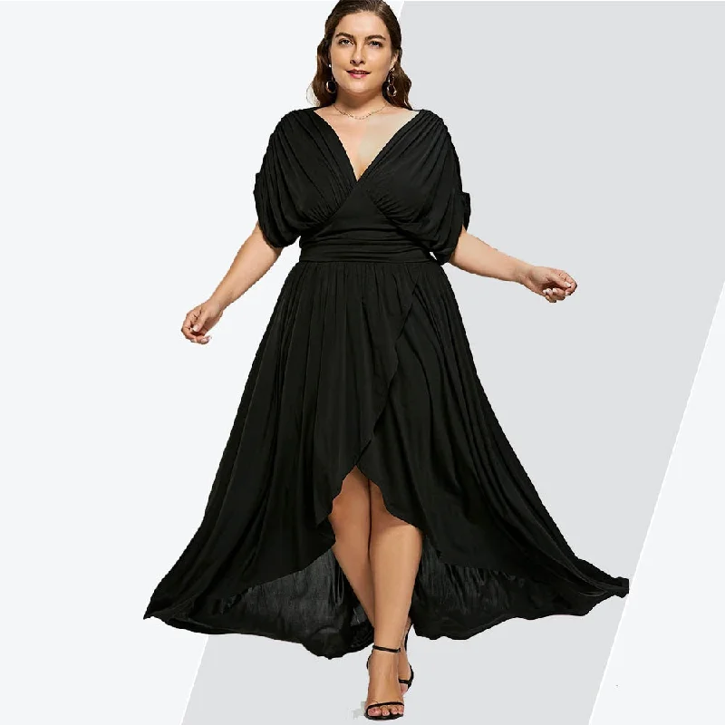 Rosegal High Low Plus Size Maxi Flowy Dress High Waist Party Dress Women Black V-Neck Short Sleeves Ladies Dresses 2019 Vestidos Tunics Prom sequined