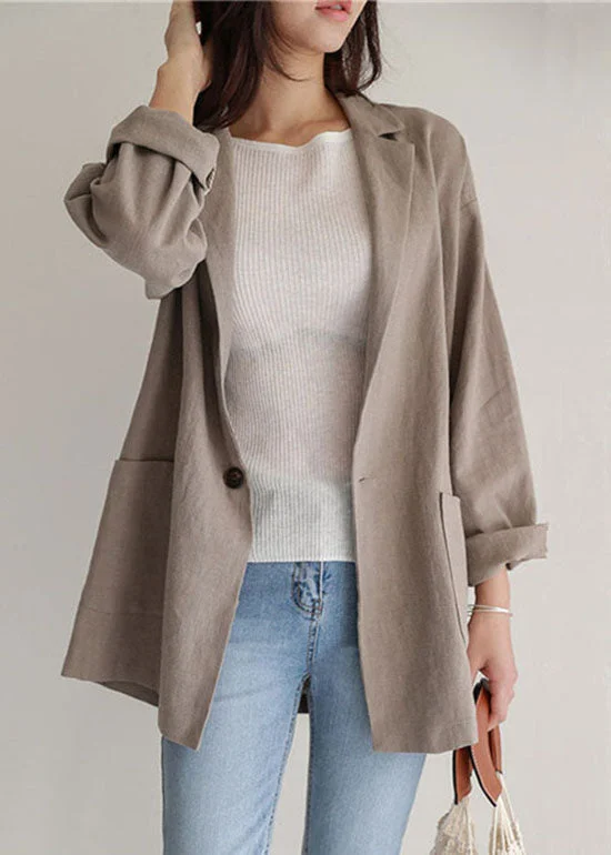 Style Khaki Peter Pan Collar Pockets Linen Coats Spring Streetwear Bomber Jacket