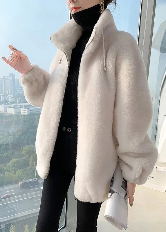 Stylish Milk White Stand Collar Zippered Mink Hair Coats Spring Draped Longline Jacket