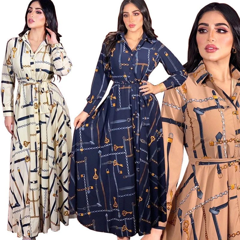 Wholesale Chain Print Long Sleeve Muslim Gown Maxi Dress with Belt Dubai Abaya Islamic Clothing Women Muslim Evening Party Dress Tunics Cozy soft