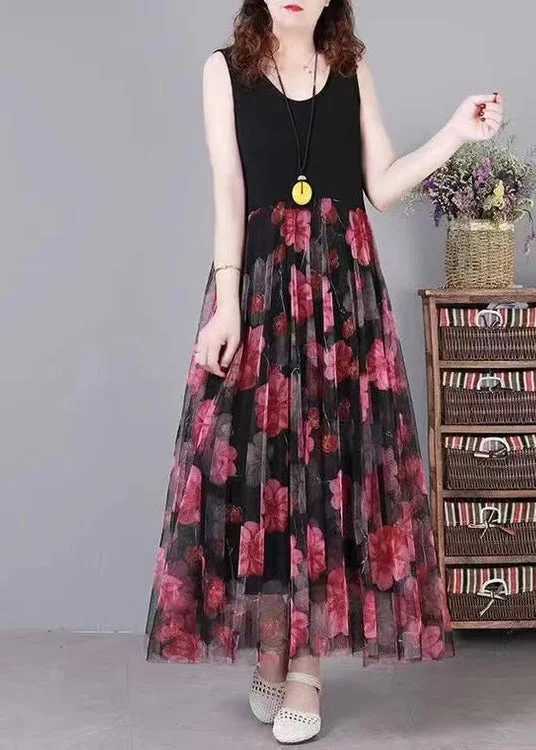 Women Black Print Patchwork Lace Summer Party Dress Tunics Trousers formal