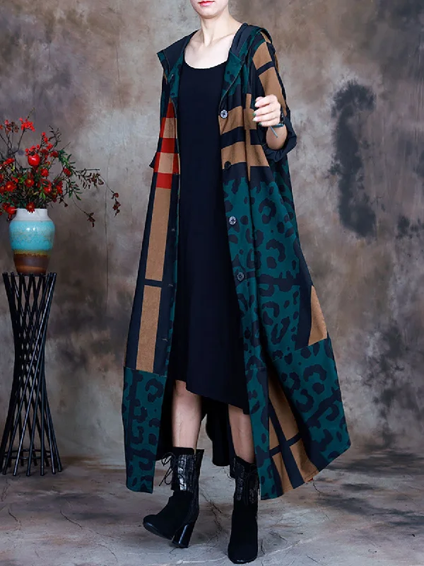 Plus-Size Women Irregular Hooded Print Plaid Coat Puff Sleeve Overcoat