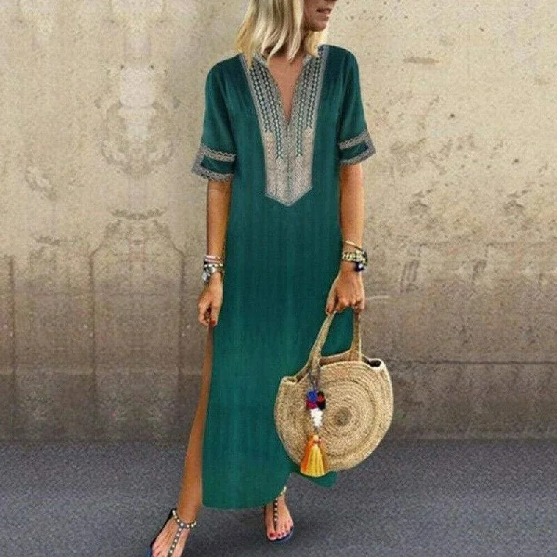 FashionSierra - Women's Bohemian Floral Print Split Cotton Linen Maxi Dress Deep V Neck Long Sleeve Summer Casual Party Dresses Plus Size Tunics Satin smooth