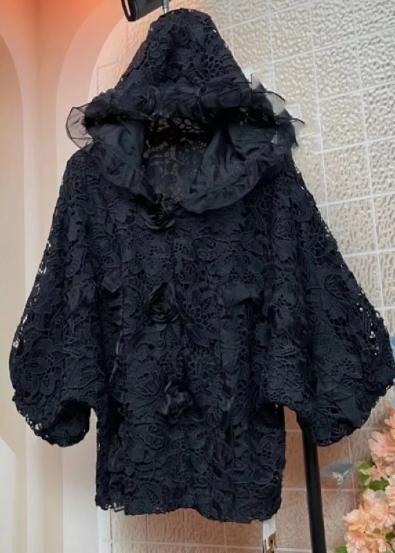 Fashion Black Embroidered Lace Hooded Coats Fall Puffy Insulated Vest