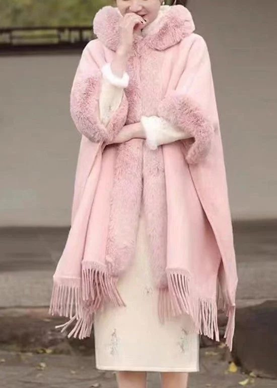 Fashion Pink Fur Collar Tassel Hooded Woolen Coat Fall Softshell Outdoor Jacket