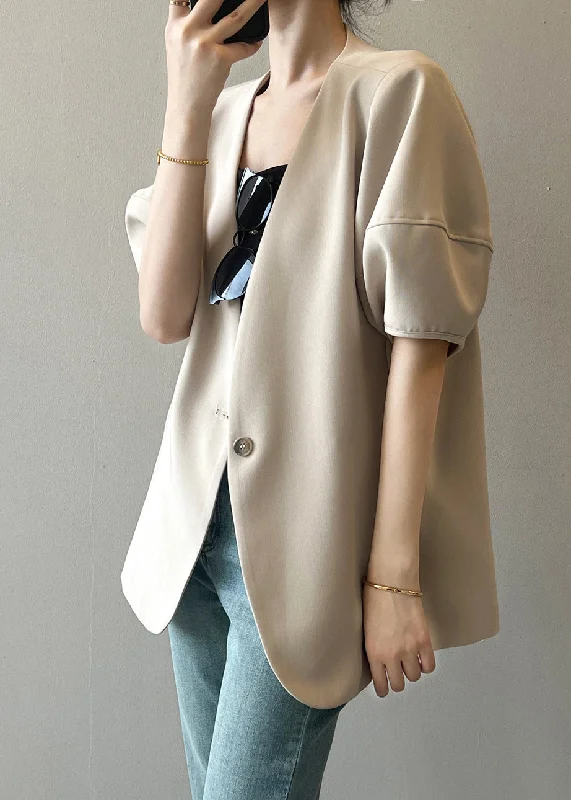 French Apricot V Neck Puff Sleeve Button Coat Hooded Parka Coat