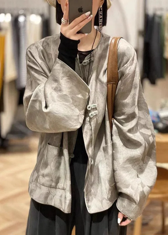 Jacquard Grey O-Neck Pockets Coats Spring Longline Wool Coat