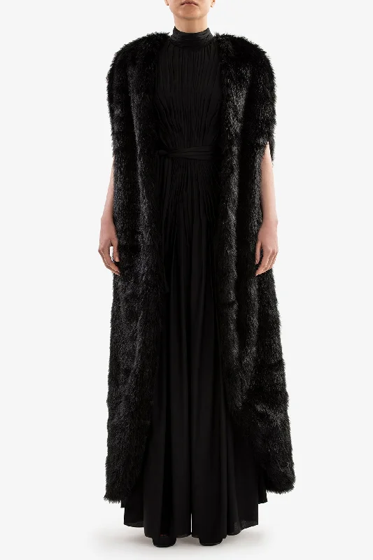 Satin pleated jumsuit with fur coat Drape Front Waterfall Coat