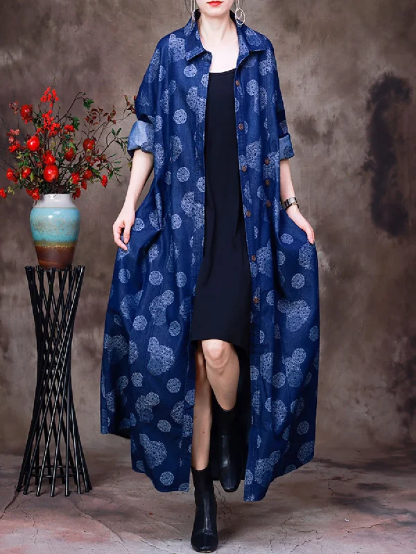 Women Streetwear Printed Denim Long Coat Casual Open-Front Coat