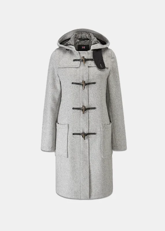 Women's Long Slim Fit Duffle Coat Silver Prince of Wales Vegan Leather Trench