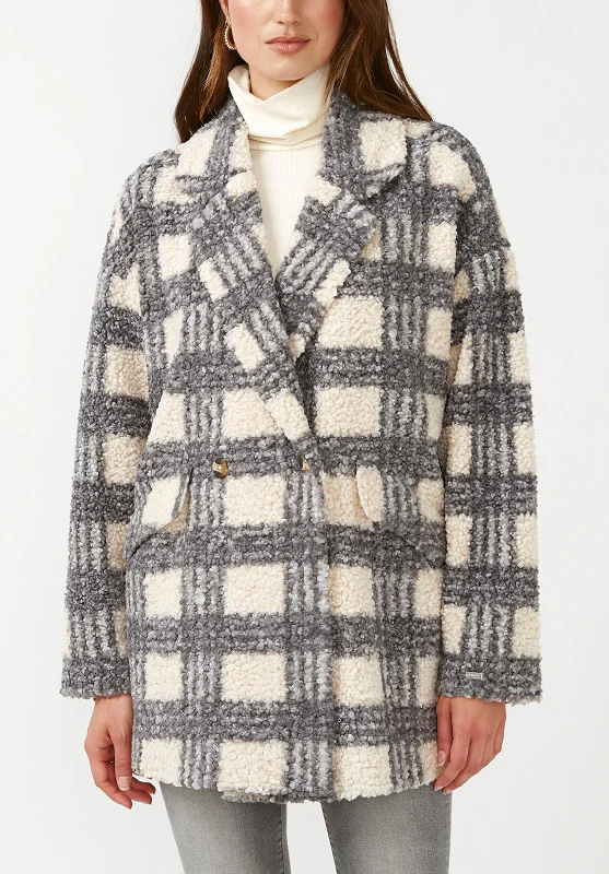 Aurelie Women's Oversized Car Coat in Blue Cream Plaid - JK0009F Chic Winter Coat