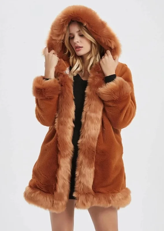 Womens Hooded Faux Fur Collar Coat Fur-Lined Aviator Coat