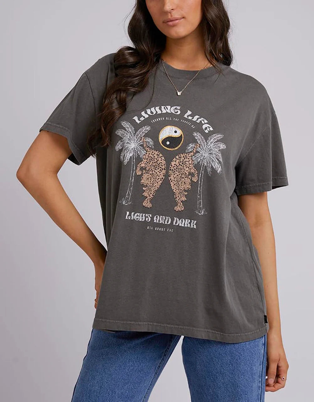 ALL ABOUT EVE Living Life Standard Womens Tee - Charcoal Layered Multi-layer Single Layer