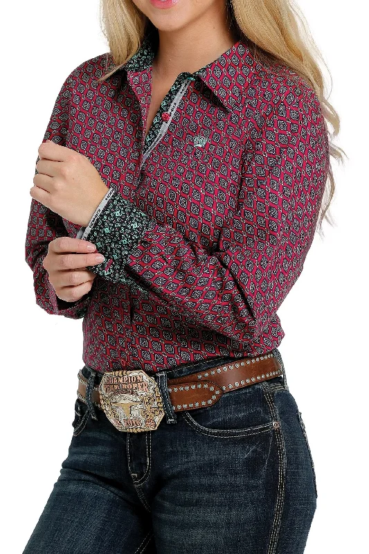 Cinch Ladies Button Down L/S Shirt - Pink/Black/White MSW9165015 Mesh Fabric Canvas Fabric Denim Fabric