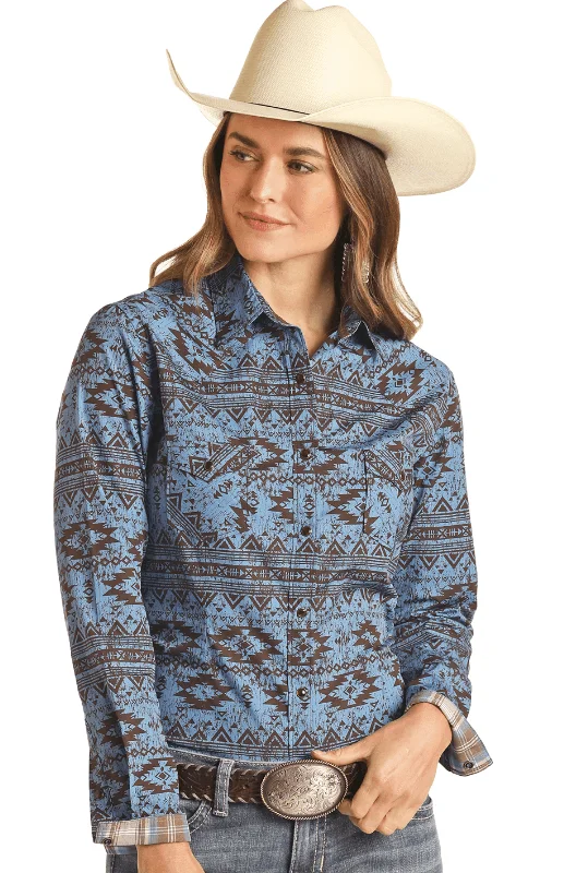 Rock & Roll Cowgirl Blue Horizontal Distressed Aztec Print Snap Up Western Shirt R4S3272 Notch Collar Peter Pan Collar Cowl Neck