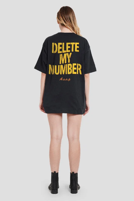 Delete My Number Black Oversized Fit T-Shirt Women V-Neck T-Shirt Long Sleeve Cotton