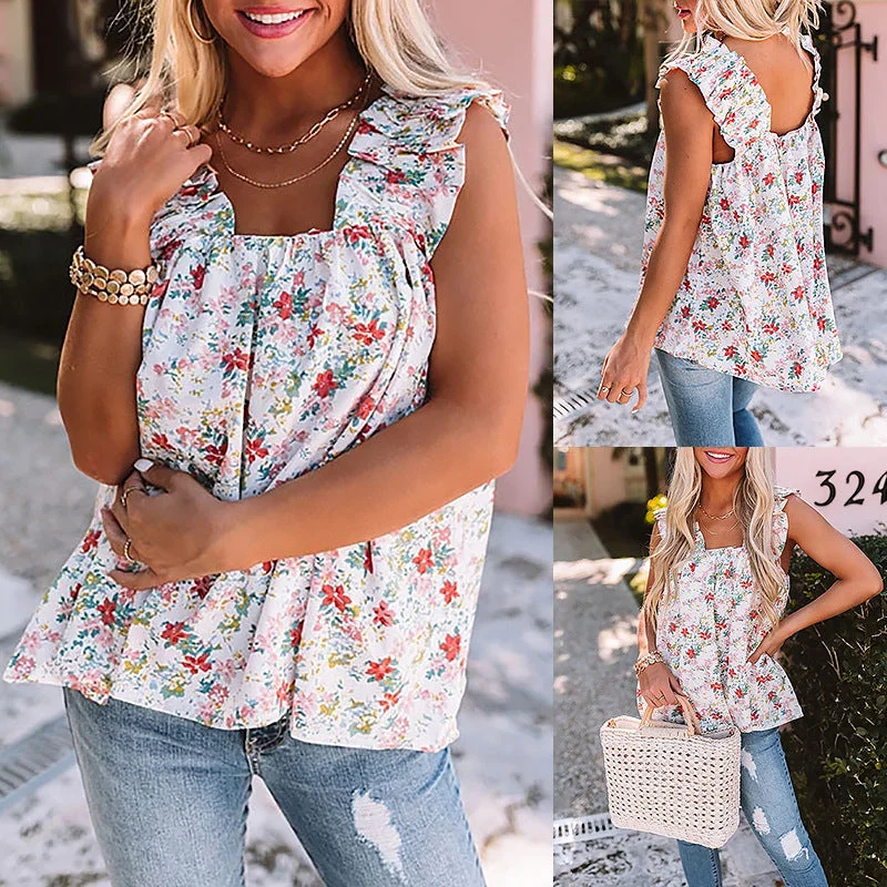 Fashion Floral Square Neck Sleeveless Casual Loose Ladies Shirt Cozy Warm Stylish