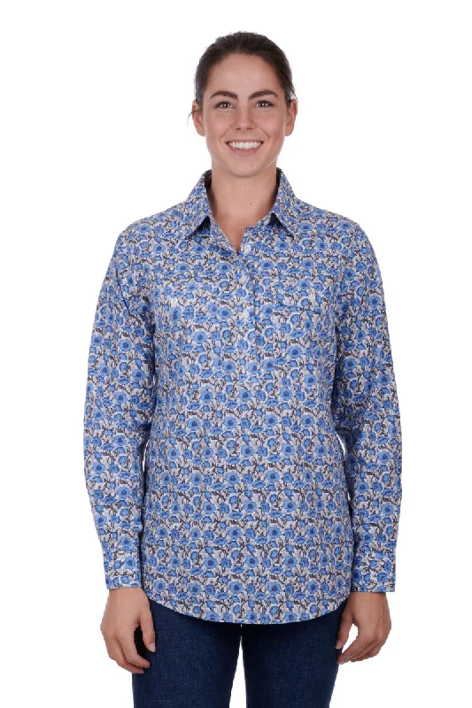 Hard Slog Ladies Shantelle Half Placket L/S Shirt - Blue - H3S2101149 Print Jacquard Patchwork