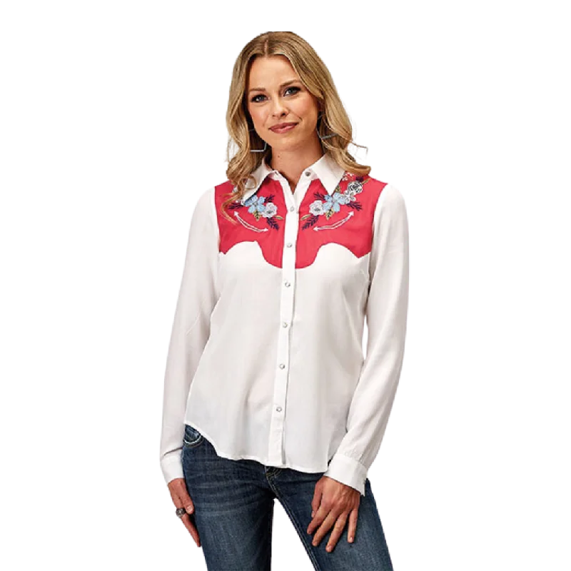 Roper Women's Rayon Challis Embroidered White Shirt Spandex Blend Rayon Blend Denim Blend