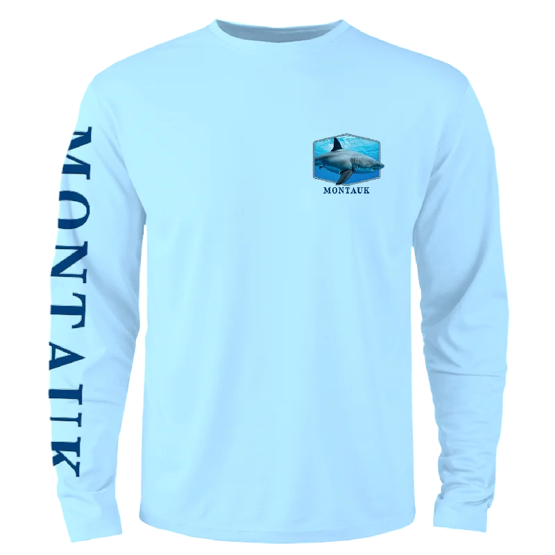 Men's Montauk Surf and Sports Montauk Shark Long Sleeve Tee Terry Blend Velvet Blend Canvas Blend