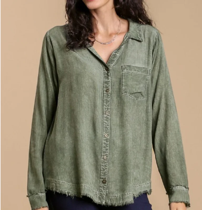 Mineral Wash Button Down Shirt Spandex Blend Rayon Blend Denim Blend