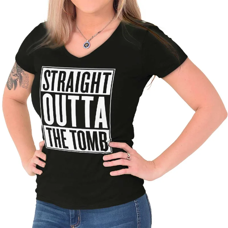 Straight Outta The Tomb Junior Fit V-Neck T-Shirt Striped Floral Plaid