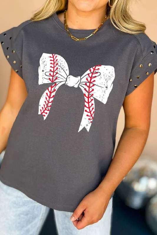 Studded Bow Graphic T-Shirt with Cap Sleeves in Round Neck Style Striped Floral Plaid