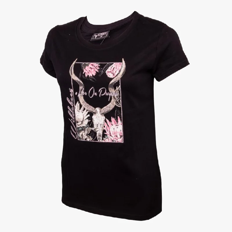 Wildebees Womens Protea Kudu Skull Short Sleeve Tee Black Beaded Sequined Faux Fur