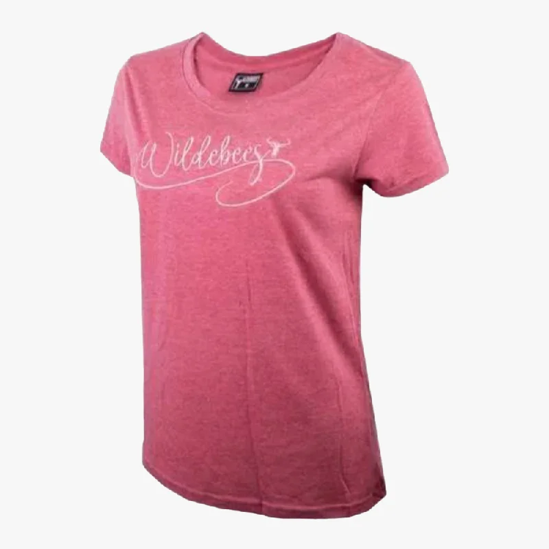 Wildebees Womens Swirl Text Short Sleeve Tee Aragon Mel Graphic T-Shirt Round Neck Polyester