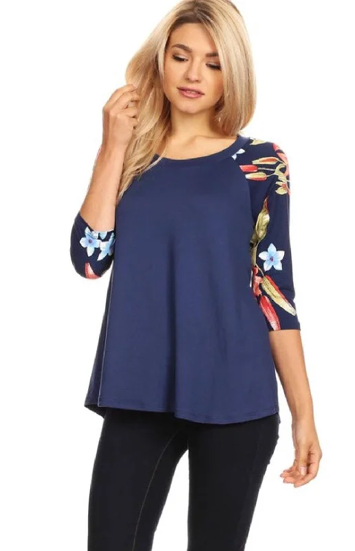 Womens Navy Blue Top | 3/4 Sleeve Shirt | Tropical Print Tunic Welt Pockets Slit Pockets