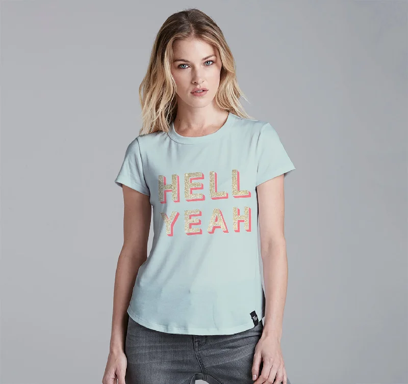 Womens Crew Tee, Hell Yeah Embroidered Appliqued Beaded