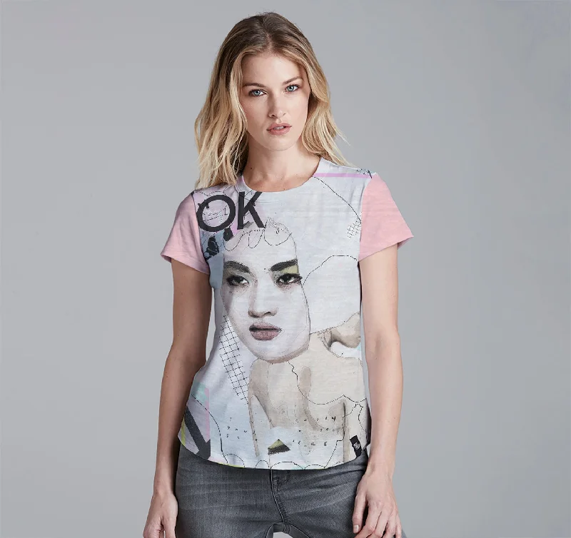 Womens Crew Tee, It's Ok Print Jacquard Patchwork