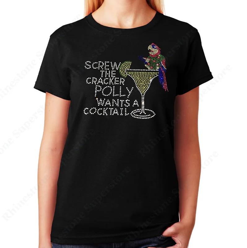 Women's / Unisex T-Shirt with Poly want a Cocktail in Rhinestones Asymmetrical Pockets Print