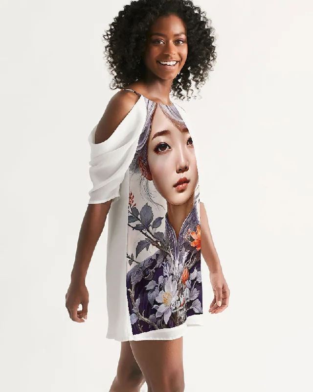 Beautiful Asian woman grey hair blossom Women's All-Over Print Open Shoulder A-Line Dress Tunics Running lightweight