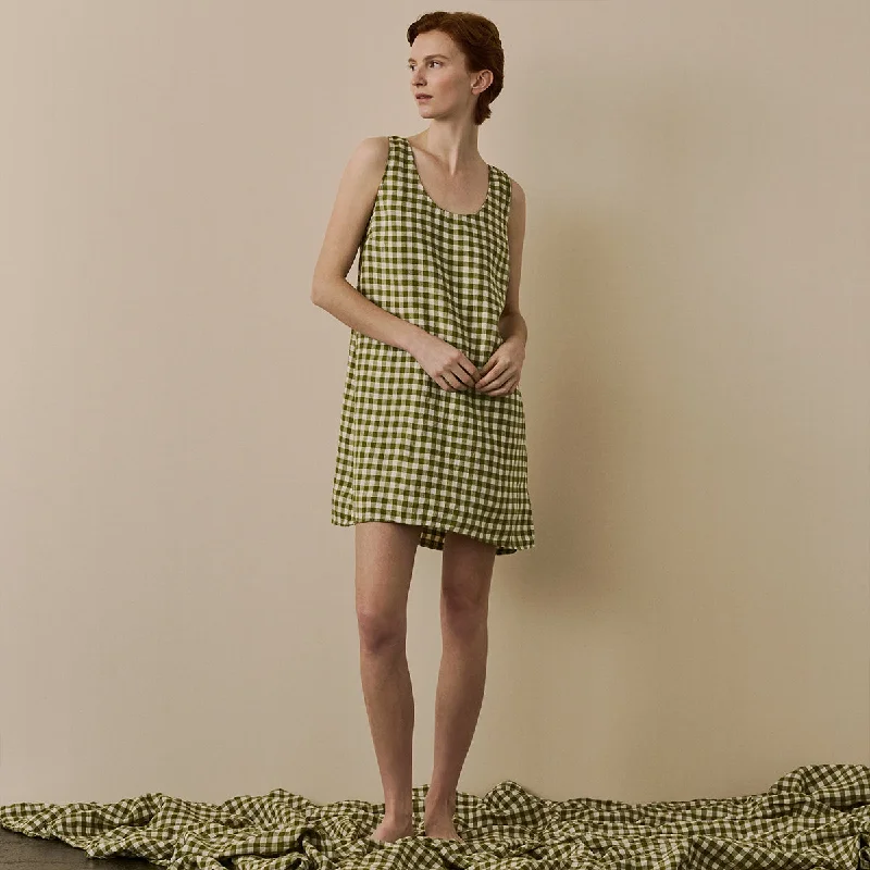 Botanical Green Gingham Linen Night Dress Tunics Mesh breathable