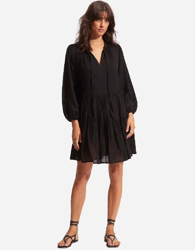 Corsica Embroidery Tier Dress - Black Crew Neckline Casual