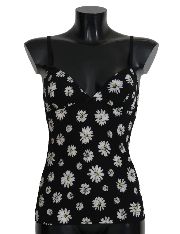 Dolce & Gabbana Elegant Black Daisy Floral Lace Chemise Dress Crew Neckline Sporty