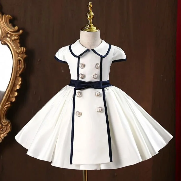 Girl Formal Princess Dresses Baby Girl White Elegant Button Birthday Party Dress Tunics Canvas sturdy