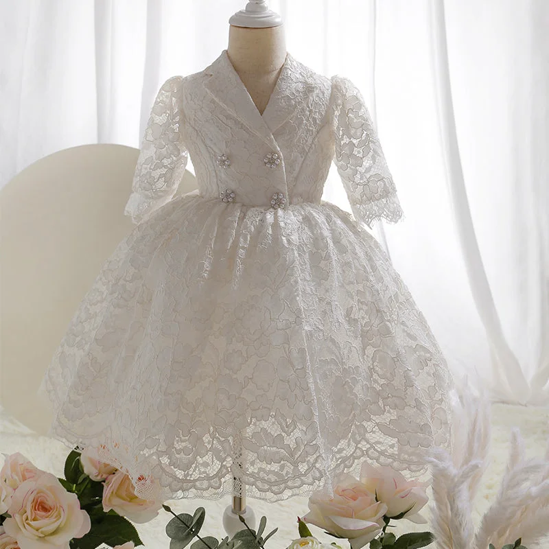 First Communion Dress Baby Girl Elegant Lace Flower Button Formal Princess Dress Tunics Vintage classic