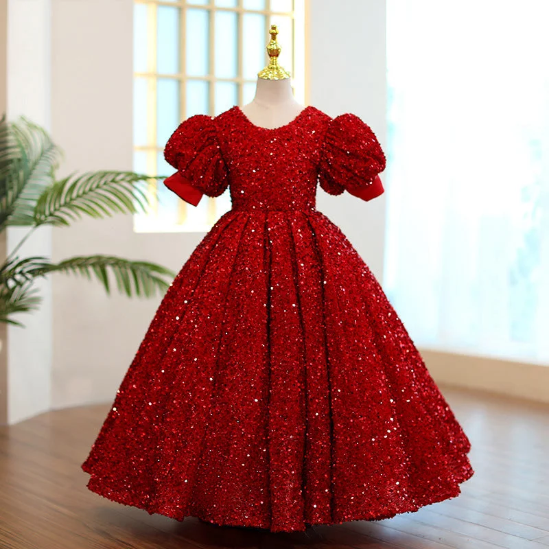 Girl Christmas Dress First Communion Dress Red Sequin Round Neck Birthday Party Princess Dress Tunics Long Elegant