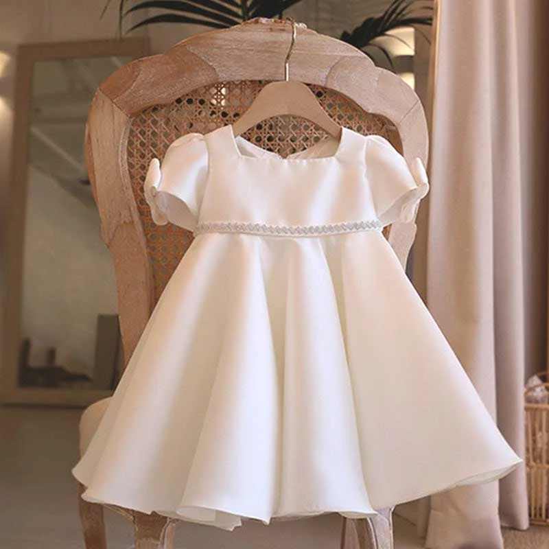 Baby Girl and Toddler Formal Princess Dress White Big Bow Christening Dress Off-the-shoulder Chic Trendy