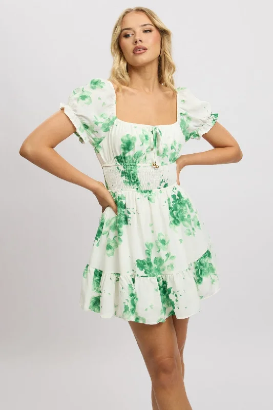 Green Floral Fit And Flare Dress Mini Turtleneck Neckline Stylish